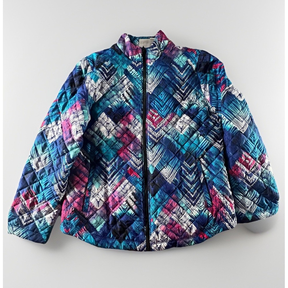 Chico's Weekends Quilted Jacket Women's 1 M Multicolor Chevron Zip Front Lightwe
